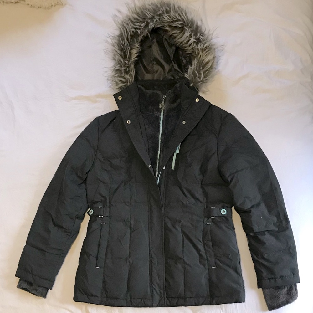 Down Jacket Ski Coat Grey Blue Faux Fur Hood